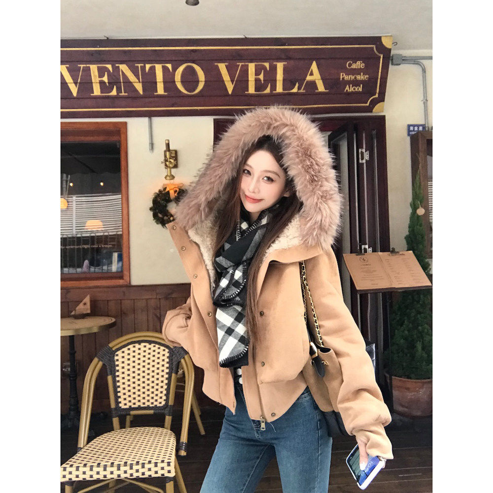 复古毛领连帽长袖外套女2025秋冬新款加绒加厚麂皮绒夹克派克服潮