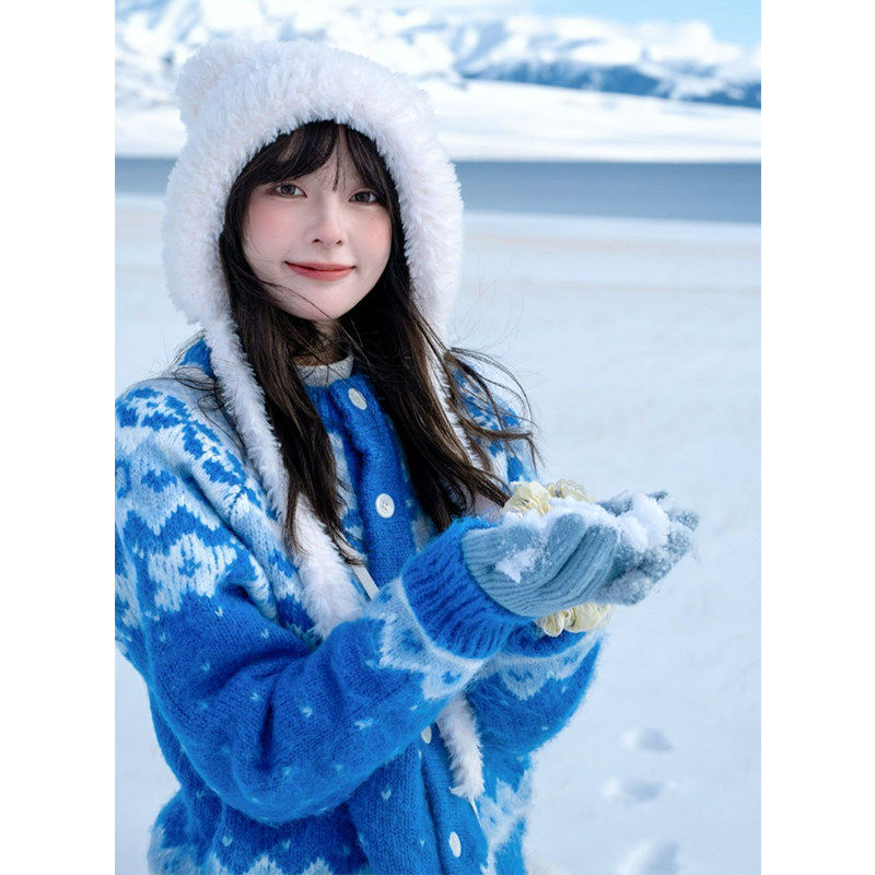 费尔岛蓝色提花毛衣开 衫外套女秋冬季慵懒风加厚奶呼呼针织衫上