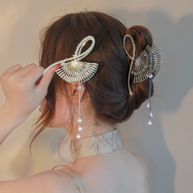 国风扇形流苏抓夹新中式满钻发夹