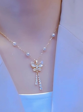 珍珠蝴蝶项链女猫眼石水钻流苏锁骨链气质高级设计感2024年新款潮