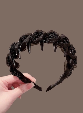 麻花辫发箍高颅顶轻奢带齿头箍女高级感时尚洋气串珠水晶发捆头饰