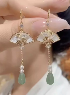 新中式扇形耳环女小众设计高级感长款流苏耳坠2024年新款国风耳饰