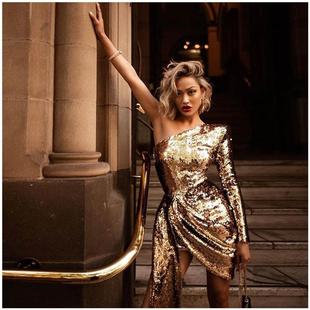 Womens sequin one sexy dress shoulder 性感单肩亮片连衣裙女