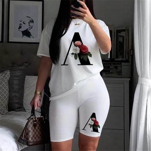 Summer Two Piece Sets Women Letter Printed T Shirts+Shorts