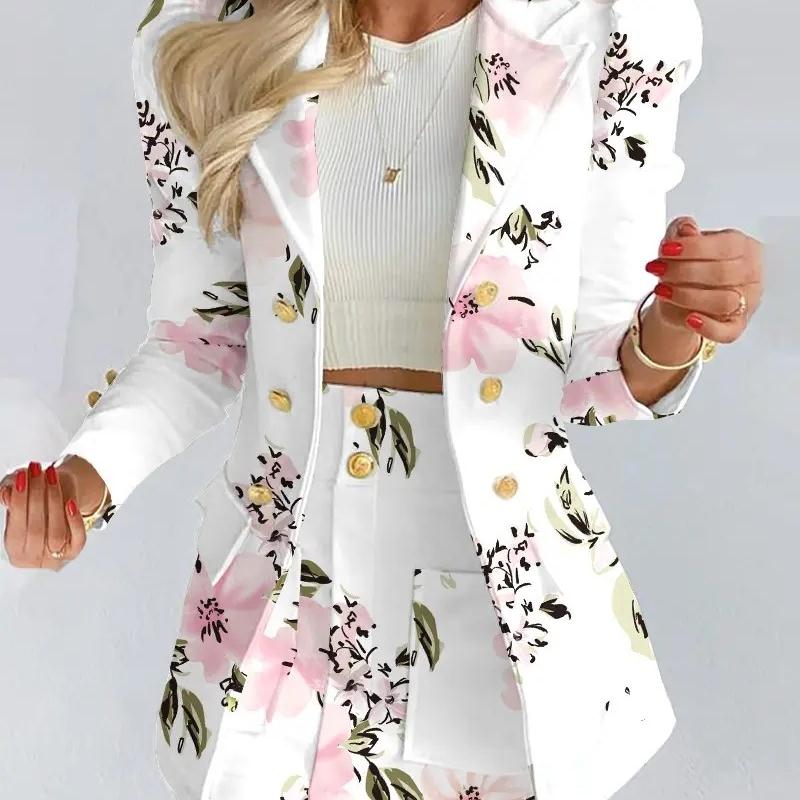 Puff Sleeve Double Breasted Blazer Coat & Skirt Sets