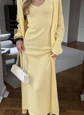 Knitted dress two-piece set欧美风新款针织吊带长裙+开衫裙套装