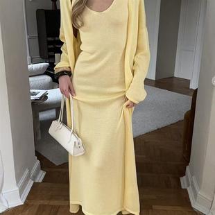 piece set欧美风新款 针织吊带长裙 Knitted 裙套装 two 开衫 dress