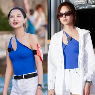 泳衣女花儿与少年辛芷蕾同款 蓝色三角连体单肩性感显瘦遮肚泡温泉