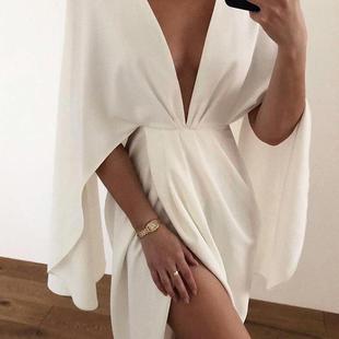Ruched Sleeve Detail Cape Dress深V斗篷性感连衣裙 Slit Plunge