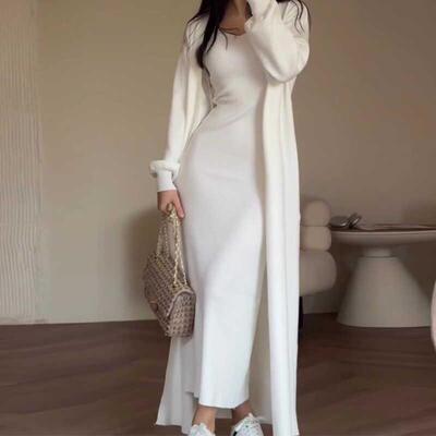 欧美纯色慵懒风修身针织衫过膝长裙套装女Women casual dress set