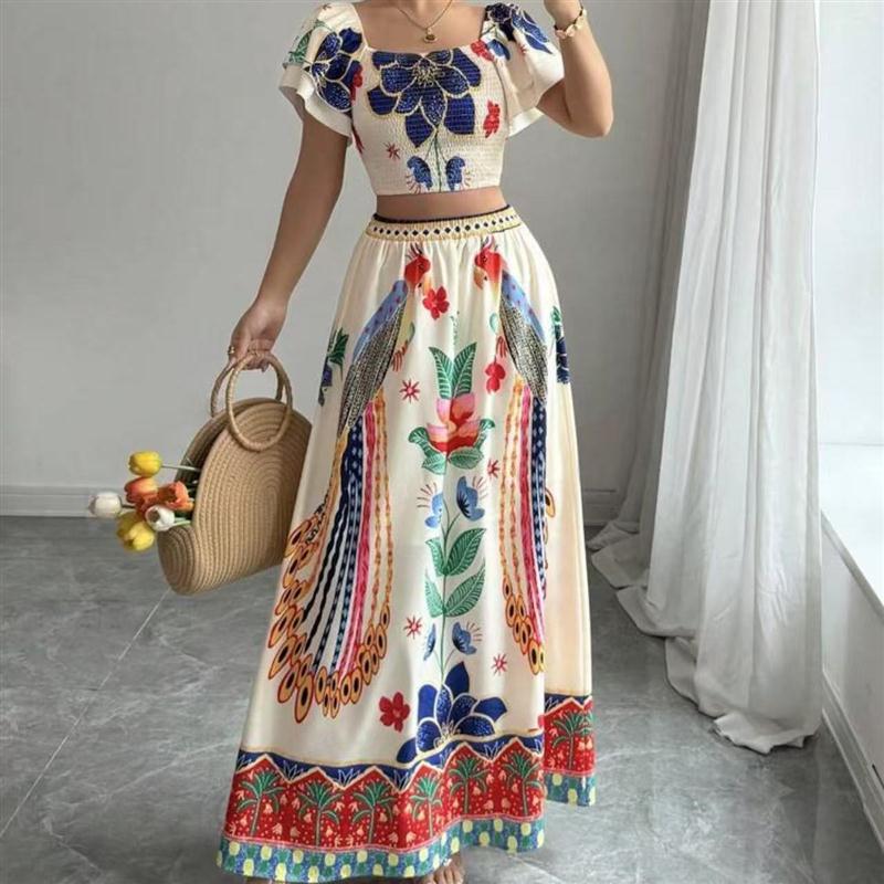 Women Crop Topss Skirts Sets印花波西米亚短袖上衣半裙套装女