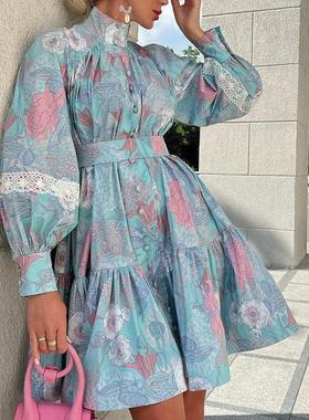 Women long sleeved Printed Dress女时尚气质长袖立领印花连衣裙