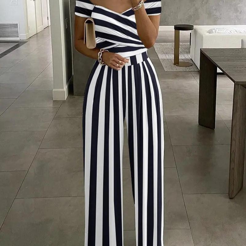 Striped Print Off Shoulder Wide Leg Jumpsuit条纹阔腿连体裤