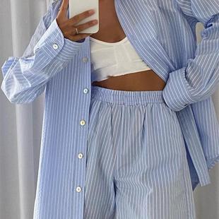 衬衫 Casual 上衣阔腿裤 套装 set 两件套宽松高腰短裤 休闲条纹长袖
