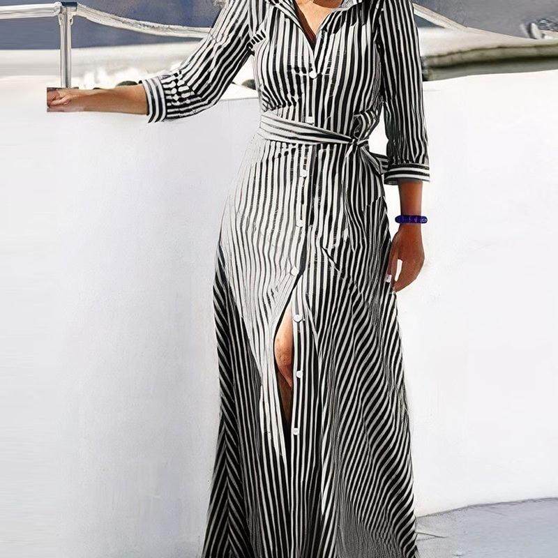 Women Striped Long Shirt Dress条纹印花绑带衬衫连衣裙女