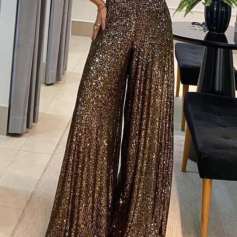 High Waist Sequin Flared Pants欧美女亮片高腰阔腿喇叭长裤