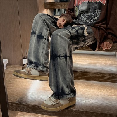 速发美式街头扎染牛仔裤男春秋季hiphop潮牌痞帅宽松直筒vibe高街