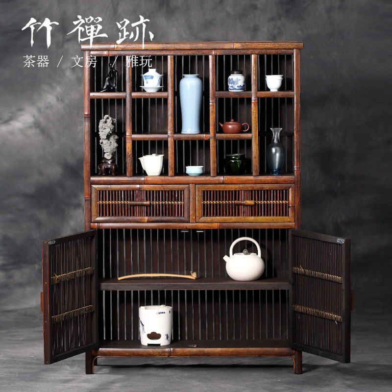 新品竹禅a迹老楠竹茶柜 多宝阁置物博古架茶壶器具茶具收纳架茶