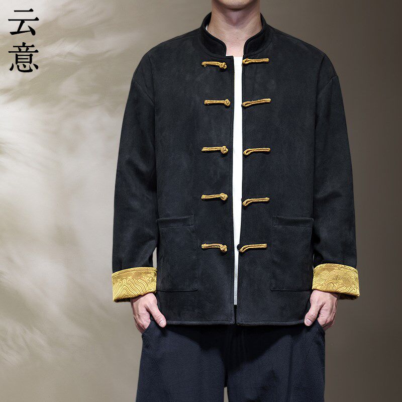 新品秋冬季中国风男装两面穿x盘扣立领唐装刺绣汉服外套中式大码
