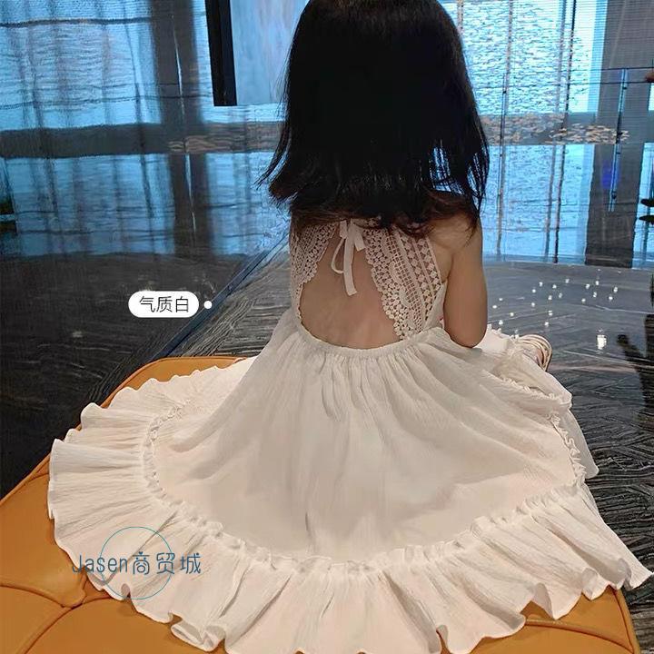 极速女童装夏季海边度假风儿童C洋装宝宝洋派露背白色吊带裙子