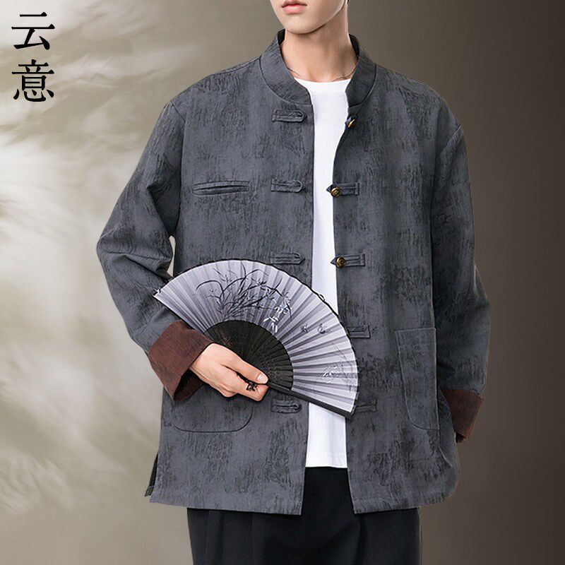 新品秋季新中式唐装男p中国风立领金属盘扣夹克复古汉服宽松中山