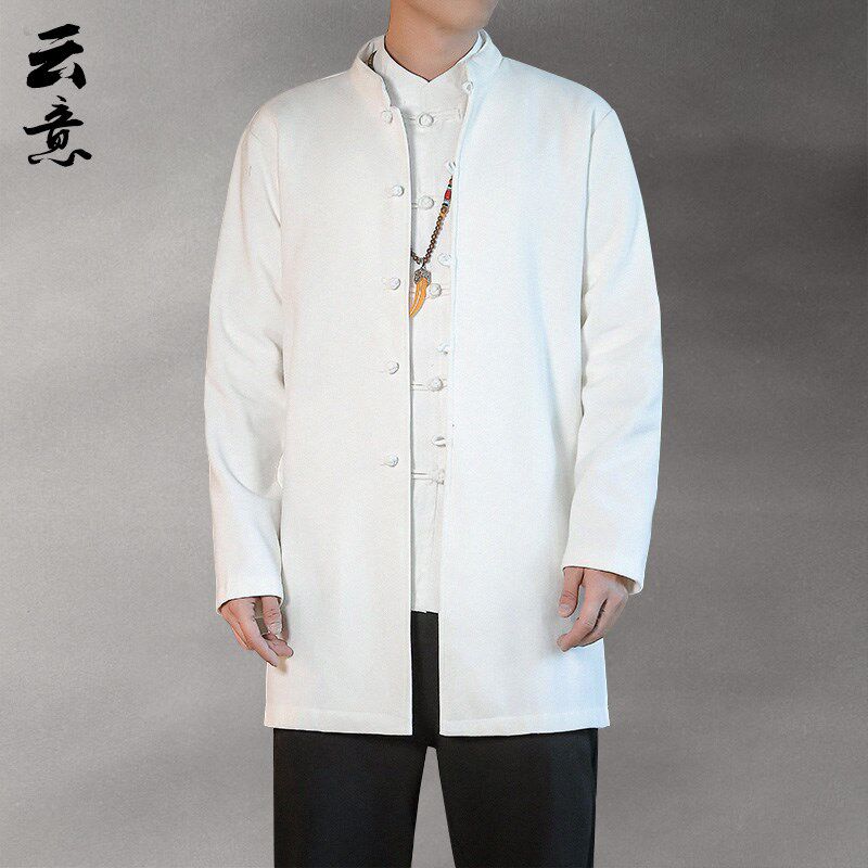 新品秋冬季d中国风亚麻唐装男中长款风衣大码复古风居士服中式汉