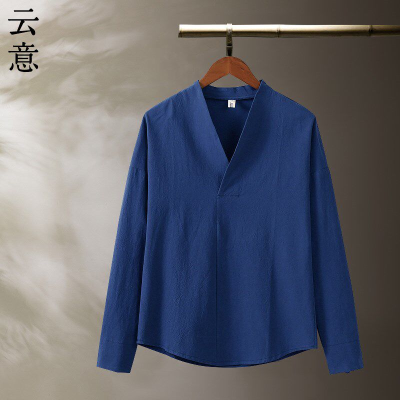 新品春秋季中式V领长袖T恤男士中国风内K搭汉服纯棉打底衫复古纯