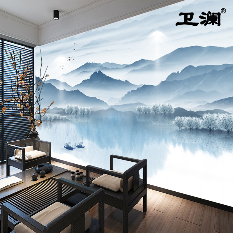 极速新中式壁画背景墙布3d无缝真丝布水墨山水画电视X墙纸壁布来