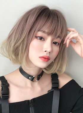 新品七街皇后假发女短发圆脸w网红渐变色全头套式短卷发内扣短发