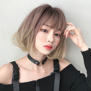 新品七街皇后假发女短发圆脸w网红渐变色全头套式短卷发内扣短发
