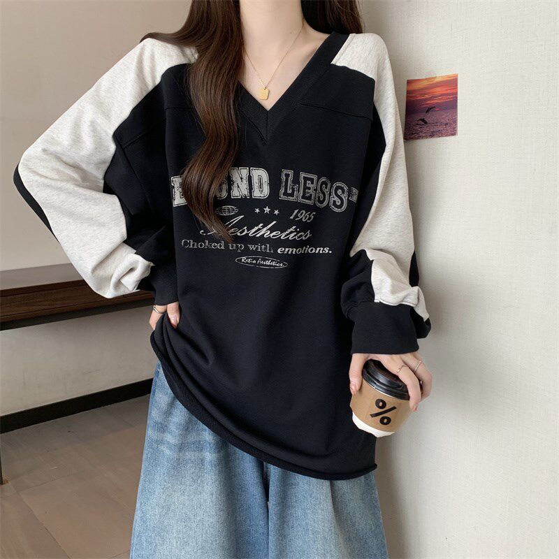 新品大码a正肩显瘦宽松慵懒风卫衣女胖mm秋冬中长款遮屁股洋气v领