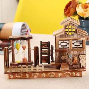 极速创意木质f发条音乐盒 带旋转流沙复古水车八音盒学生生日节日