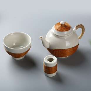 极速手工编织竹丝扣瓷茶s壶套装防烫功夫茶具一壶两杯礼盒精美中