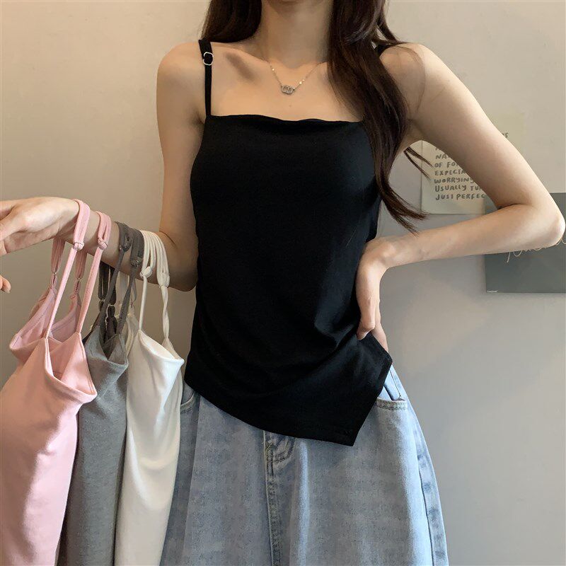 新品大码春秋不规则带胸r垫外穿吊带背心女胖mm内搭打底遮肚子无