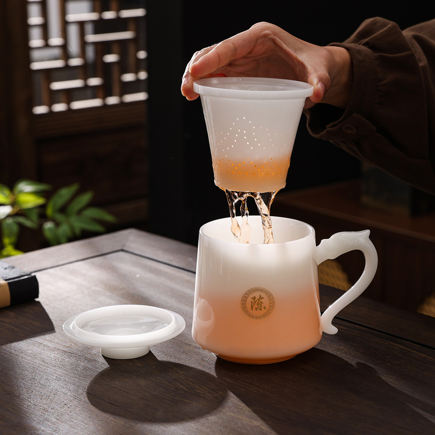 冰种璞玉瓷办公泡茶杯定制过滤马克杯刻字高档家用茶水分离喝水杯