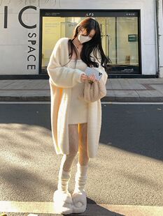 速发水貂绒毛衣外套宽秋袍搭慵懒风中长版白色针织开衫浴外大衣松