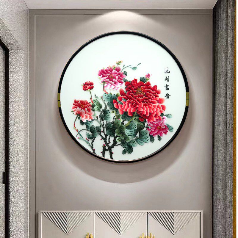 速发中式牡丹花刺绣苏绣装饰画客厅玄关挂画圆形花卉壁画现代简约