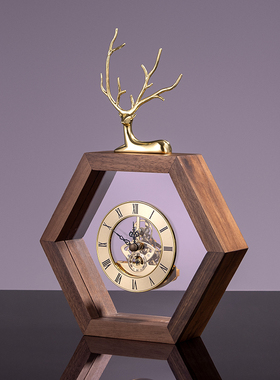 速发中风国实木座钟时尚时钟桌面摆件客厅意中式创新办公室黄铜福