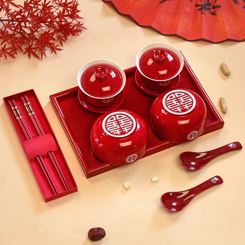 速发结婚敬茶杯改口喜碗筷装红色茶套中式龙凤款陶瓷碗具婚礼娘家