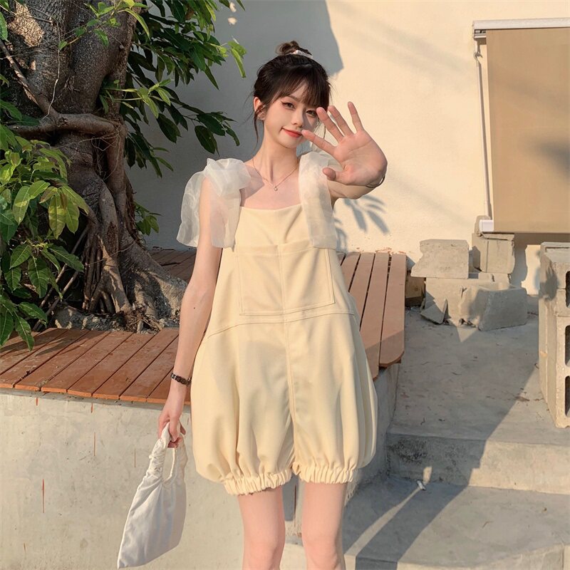 速发大码带夏季系款甜美可爱新带蝴蝶结连体裤减龄背装短裤