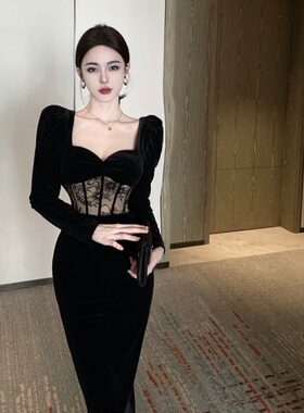 速发高本风法式赫级感礼服丝绒连衣秋早裙御姐气质鱼骨包臀长裙