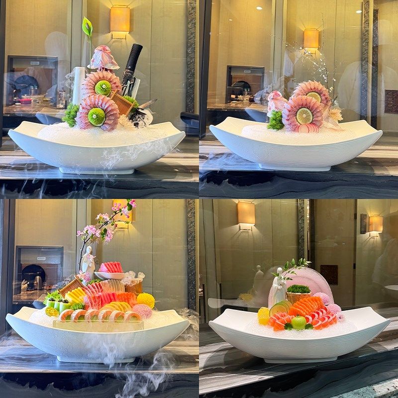 速发海鲜刺身盘密胺文理菜干冰盘日韩料境三意鱼专用仿瓷摆盘海鲜