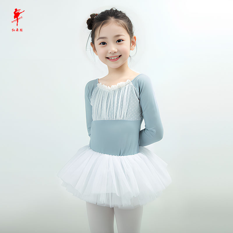 速发形体服儿童舞蹈长功芭蕾袖棉款前花边考级练服服开档舞