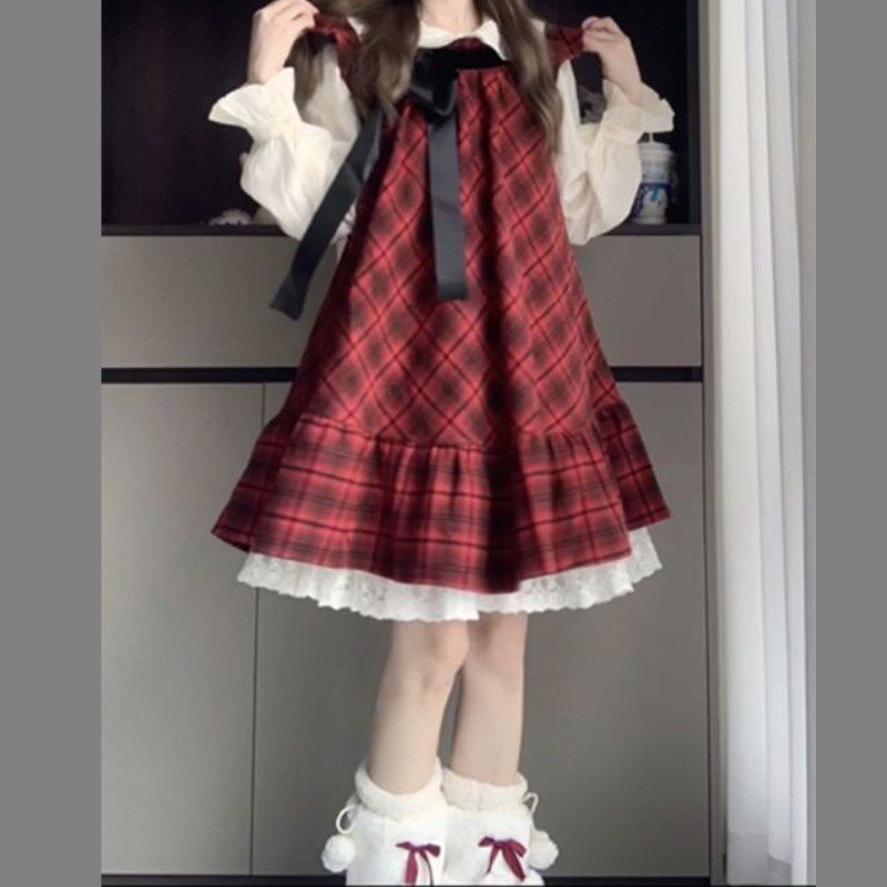 新品秋冬b富家千金感穿搭叠穿背心裙女新年战袍格纹背带连衣裙两