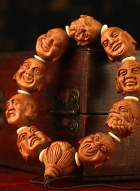 极速桃木十八罗汉手串男女士18手链文玩手工双面实木W雕刻像把玩