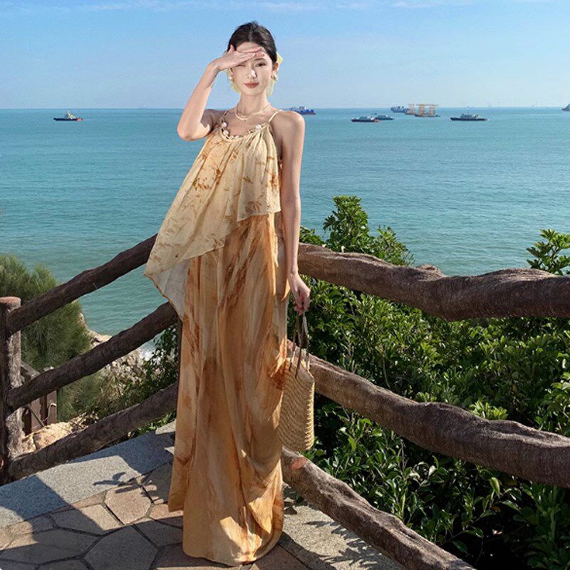 新品超好看拍照穿搭扎染串珠吊带连衣F裙夏小众宽松双层假两件度