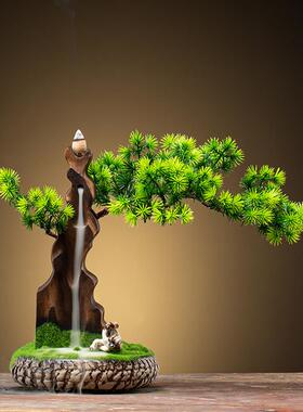 中式创禅意摆件倒流香炉办公室客厅仿真迎客松盆景微景观家居饰品