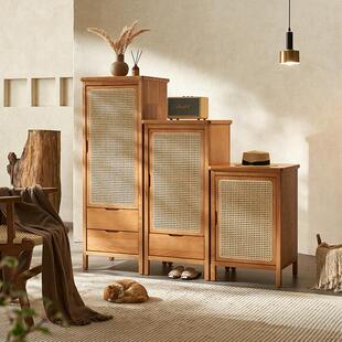 北欧藤编柜收纳柜实木柜子客厅小户型高低组合柜收纳柜日式小柜子