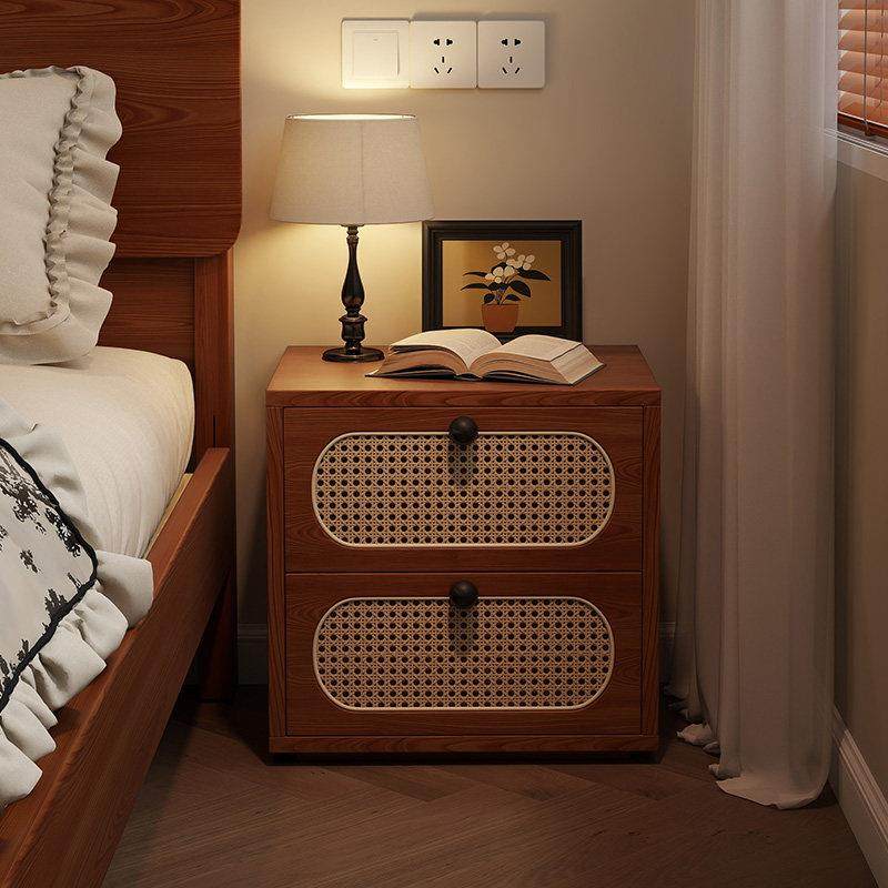 中古风藤编床头柜实木床边柜组合柜覆古卧室收纳柜客厅双抽屉矮柜,住宅家具,床头柜,淘宝优惠券,粉丝福利购,淘宝优惠卷