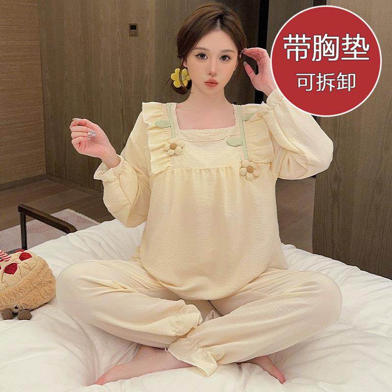 带胸垫睡衣女春秋季薄款云朵棉长袖长裤加肥大码小香风家居服套装,女士内衣/男士内衣/家居服,睡袍/浴袍,淘宝优惠券,粉丝福利购,淘宝优惠卷
